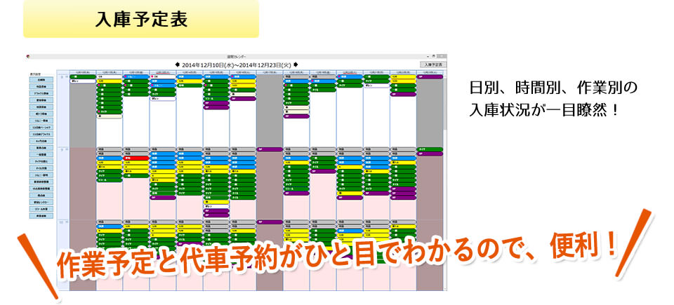 入庫予定表：作業予定と代車予約がひと目でわかるので、便利！